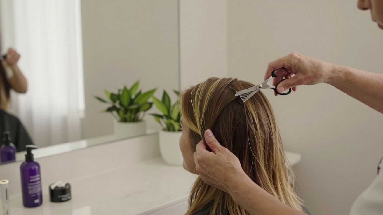 Cabeleireiro corta o cabelo loiro de uma cliente em frente a um espelho, com produtos de cabelo e planta ao fundo.