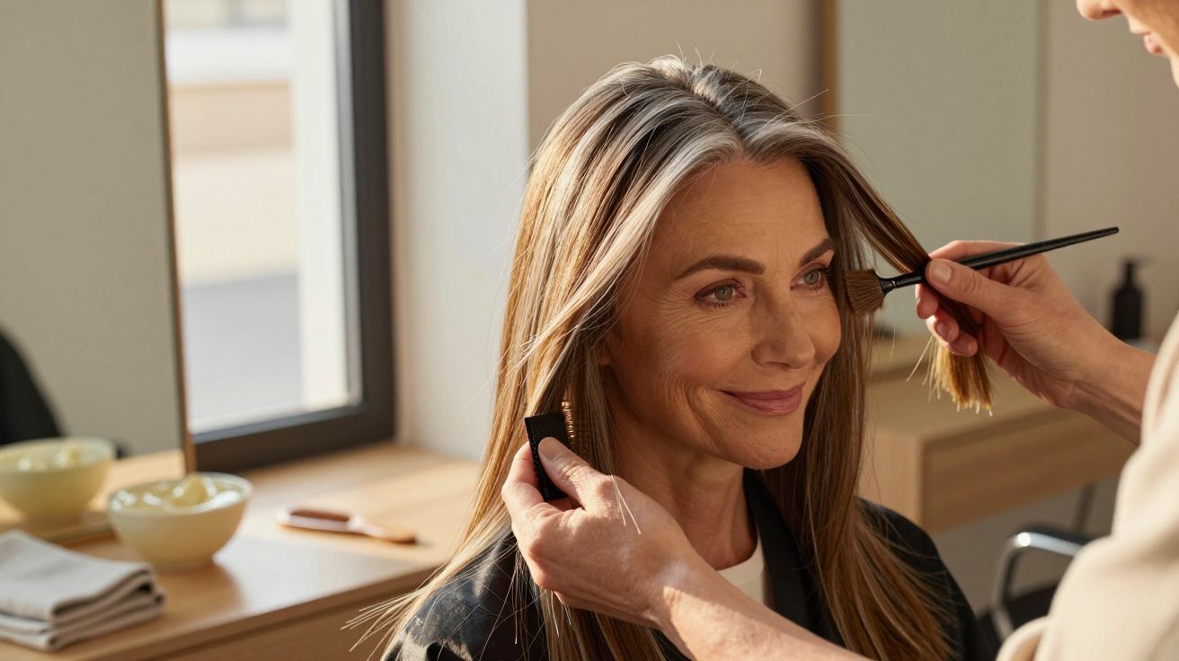 Mulher sorridente recebe maquilhagem e penteado num salão iluminado pelo sol.
