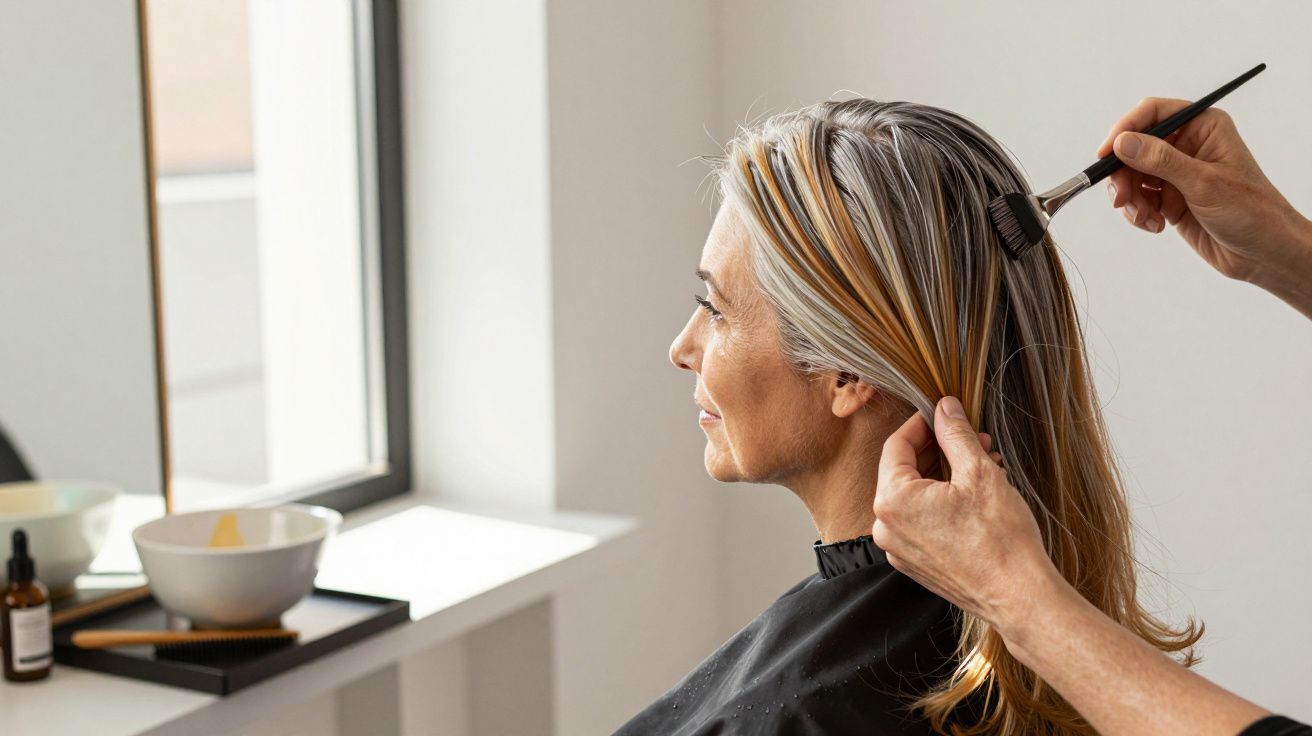 Mulher no cabeleireiro com madeixas a serem pintadas, olhando para um espelho.