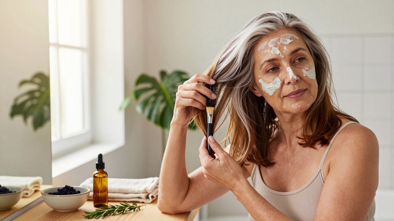 Mulher madura aplica máscara facial e penteia cabelo no WC; produtos de beleza sobre a bancada.