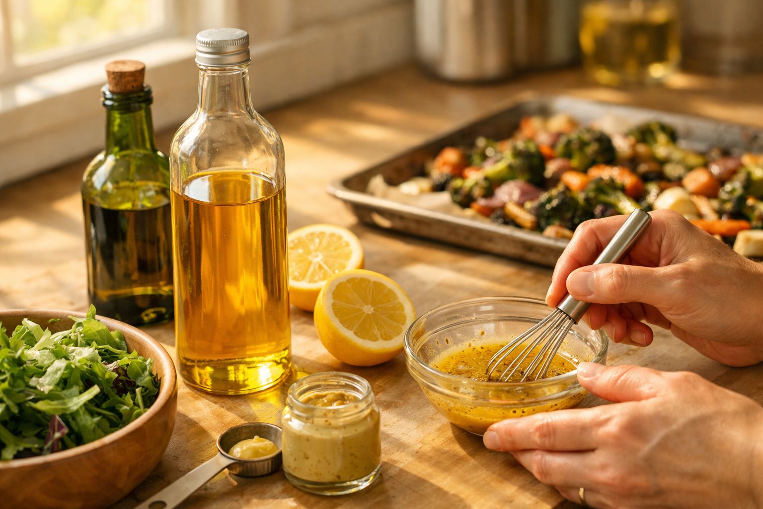 Pessoa a adicionar azeite a uma salada com tomate cherry numa cozinha.