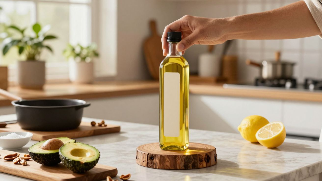 Mão segurando garrafa de azeite em bancada de cozinha moderna, com abacates e limões ao redor.