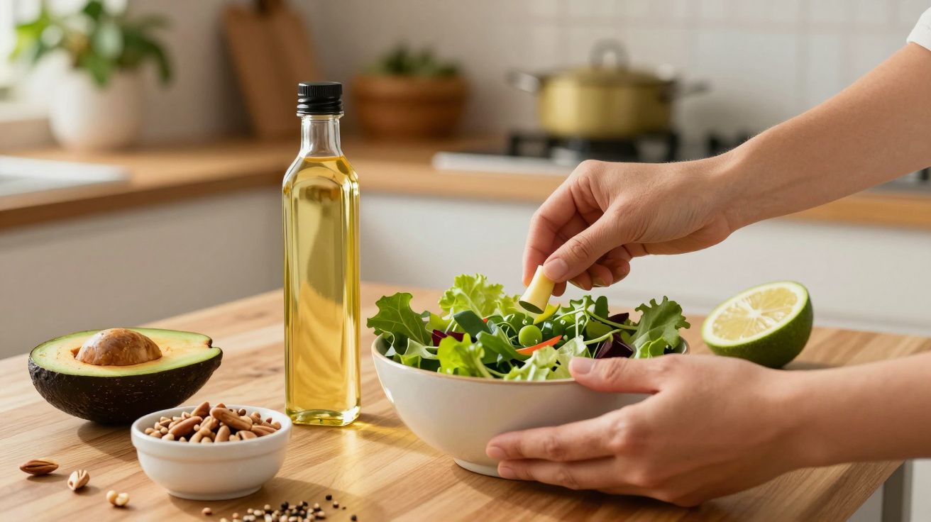 Mãos preparando uma salada fresca com abacate, sementes, garrafa de azeite e lima sobre um balcão de cozinha.