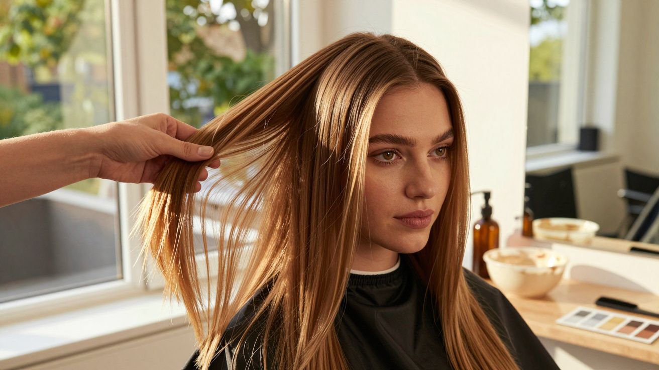 Mulher de cabelo castanho a ser penteado num salão de cabeleireiro, próxima de uma janela iluminada pelo sol.