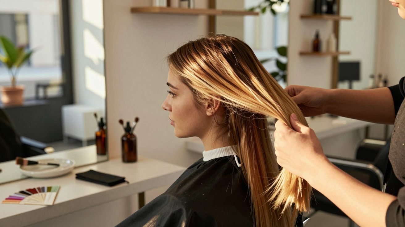 Cabeleireiro ajusta cabelo loiro de uma cliente sentada num salão iluminado.