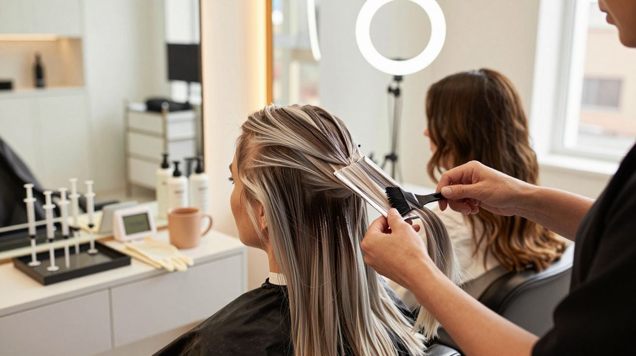 Cabeleireiro aplica coloração no cabelo de uma cliente num salão bem iluminado.