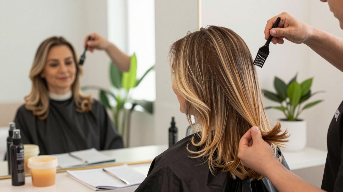 Mulher num cabeleireiro a pentear o cabelo, olhando-se no espelho.