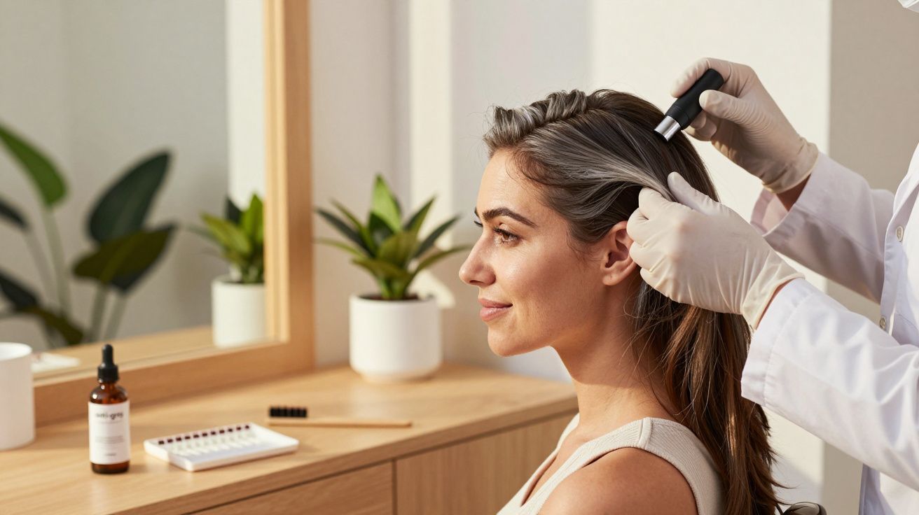 Mulher sentada em salão, estilista aplica tratamento no cabelo, plantas e produtos ao fundo.