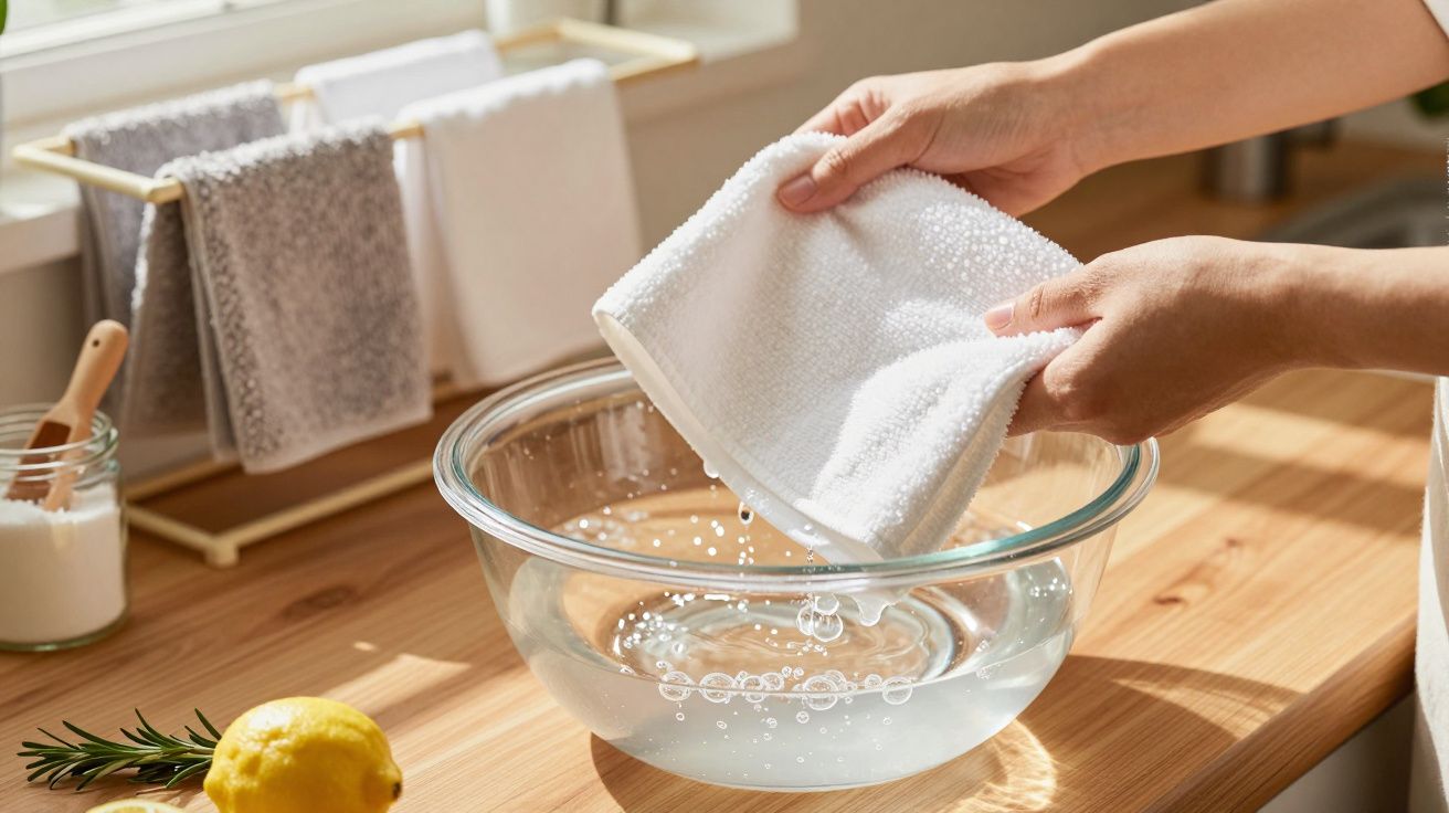 Mãos torcendo um pano branco molhado sobre uma taça de vidro com água numa bancada de madeira.