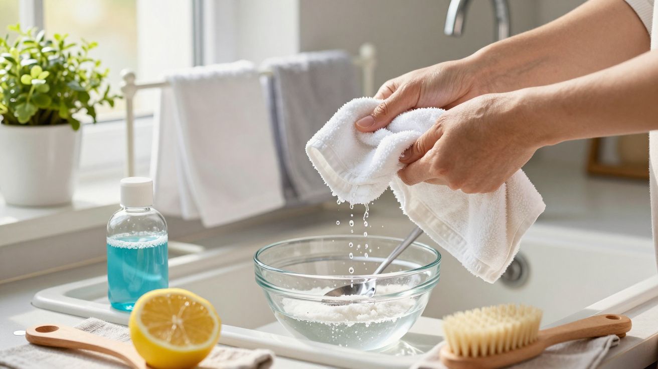Mãos a torcer um pano molhado sobre uma taça na cozinha, com utensílios de limpeza e limão ao lado.