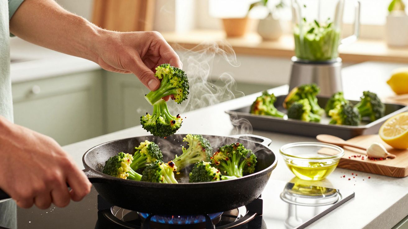 Pessoa a cozinhar brócolos numa frigideira, com azeite ao lado, numa cozinha bem iluminada.