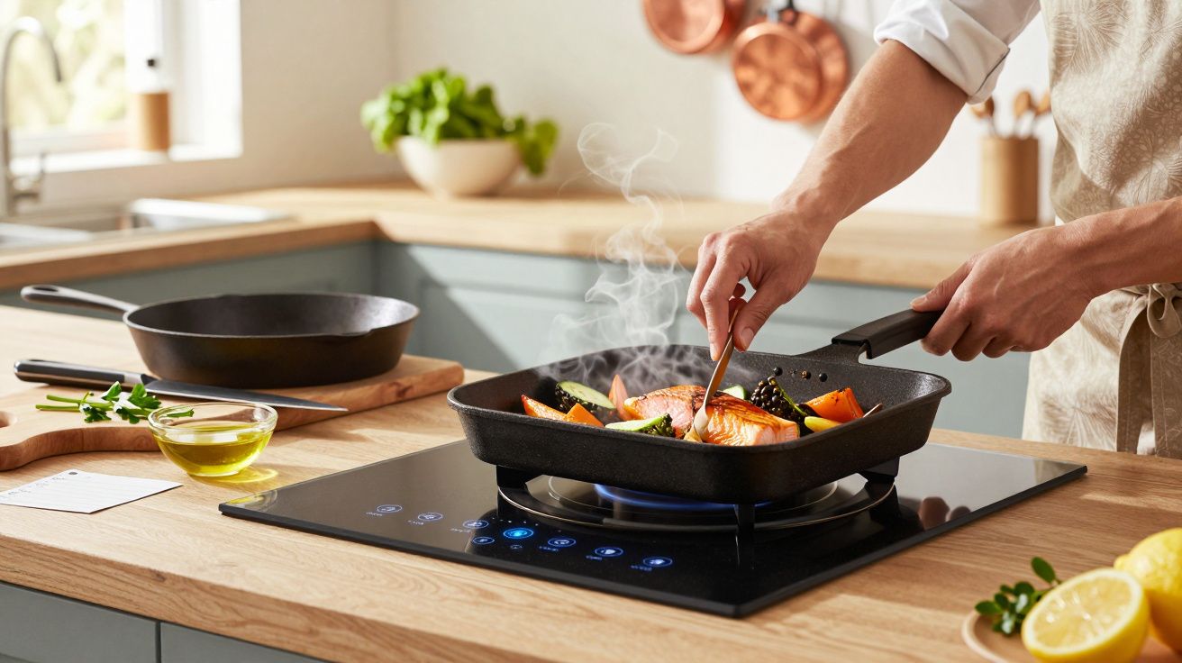 Pessoa cozinhando salmão e legumes numa frigideira sobre placa de indução numa cozinha moderna.