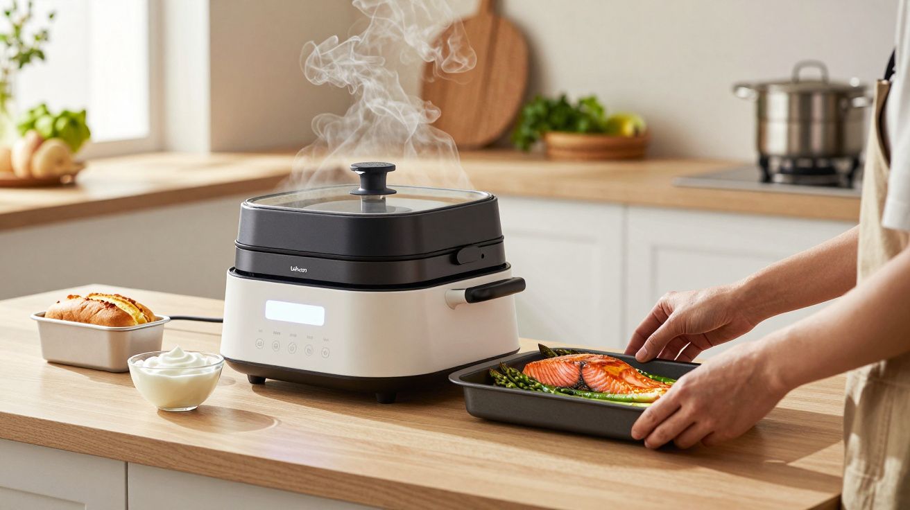 Pessoa cozinhando salmão e espargos numa cozinha moderna com panela elétrica a vapor sobre balcão de madeira.