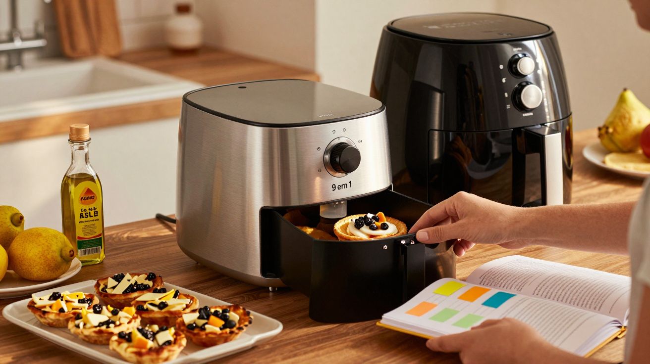 Pessoa a usar uma fritadeira elétrica na cozinha, com um tabuleiro de pastéis e óleo de cozinha ao lado.