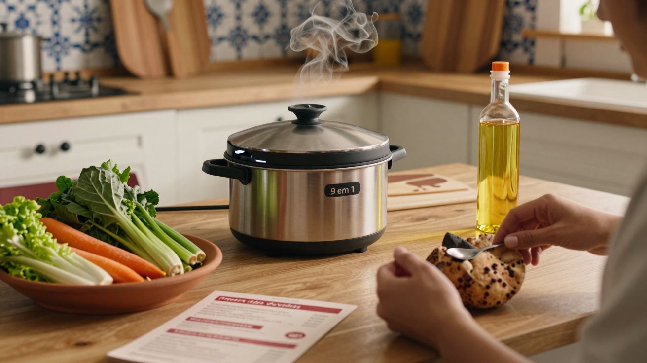 Fogão elétrico em uso numa cozinha com legumes frescos e azeite ao lado, enquanto uma mão prepara ingredientes.