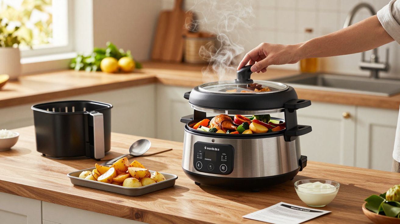 Mão levantando a tampa de panela elétrica a vapor com legumes, na bancada de cozinha moderna.