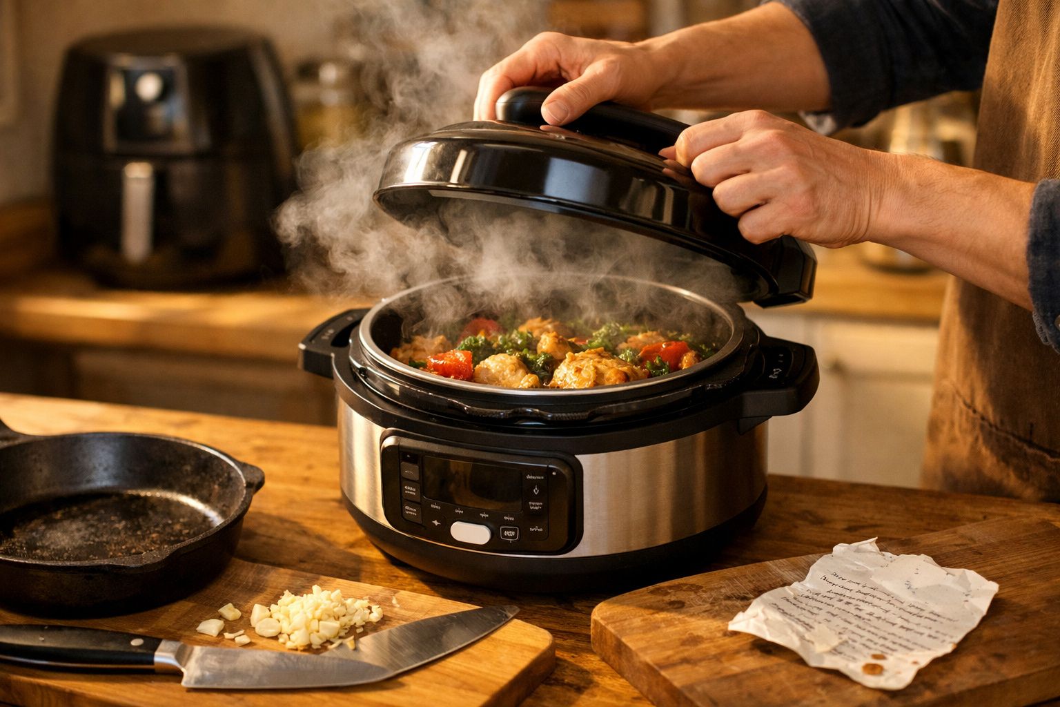 Pessoa a cozinhar legumes numa panela elétrica com vapor, numa cozinha moderna com utensílios ao fundo.