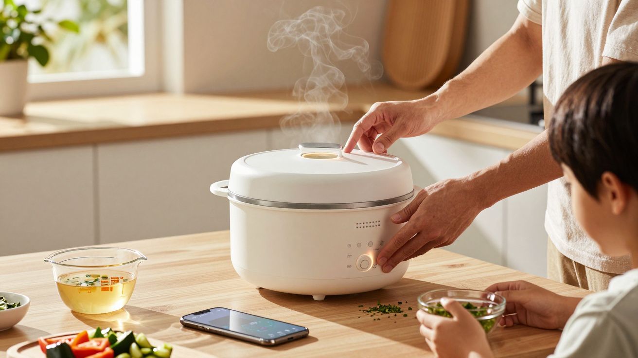 Pessoas a cozinhar numa panela elétrica branca numa cozinha ensolarada, com ingredientes frescos ao redor.