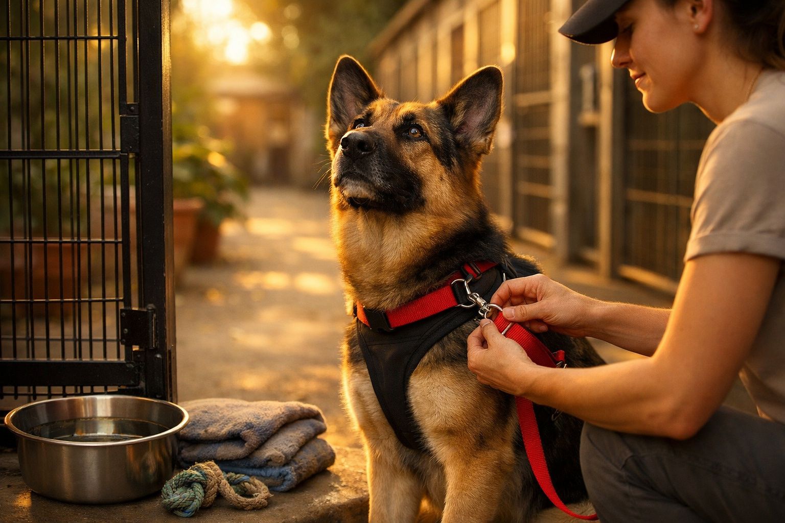 Cão molhado atrás de grades num abrigo, enquanto pessoa oferece uma toalha.