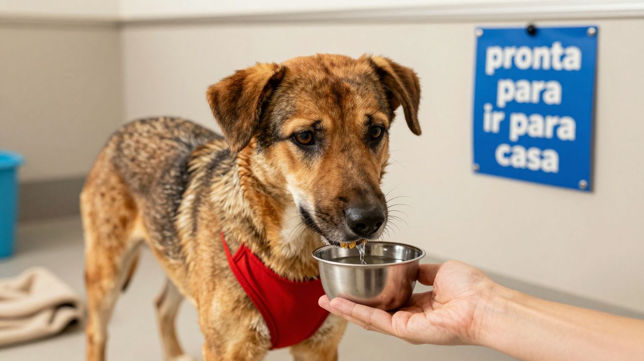 Cão castanho com arnês, prestes a beber de uma tigela, com placa ao fundo dizendo "pronta para ir para casa".