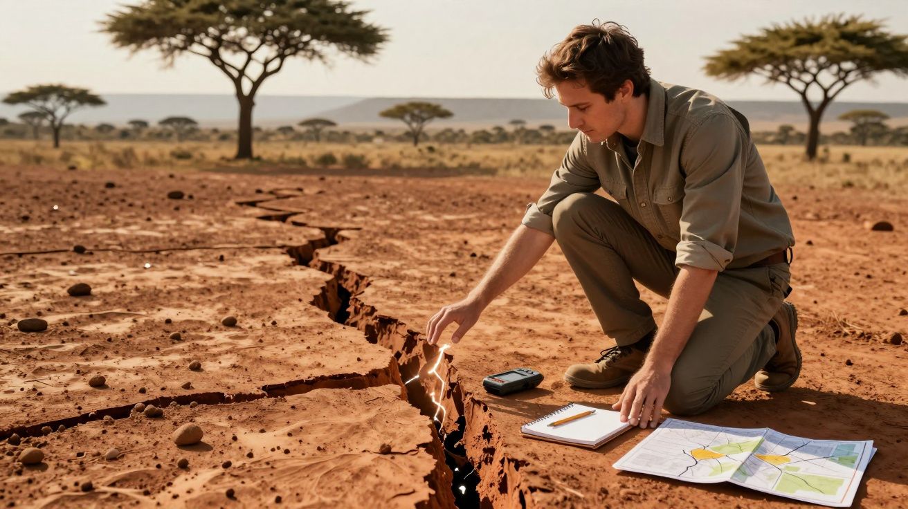Homem analisa fenda no solo seco com mapa e bloco de notas, sob árvores na savana africana.