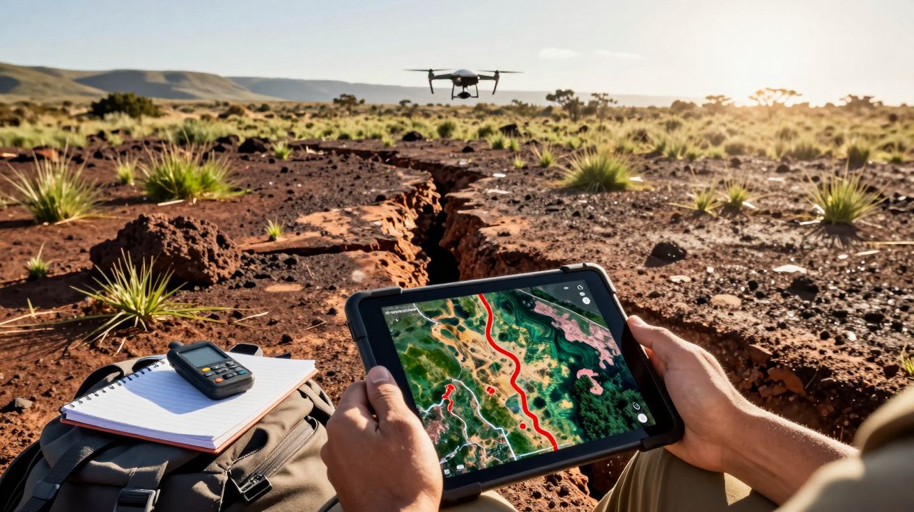 Pessoa usa tablet com mapa, observa drone a voar sobre terreno árido com vegetação dispersa e luz solar intensa.