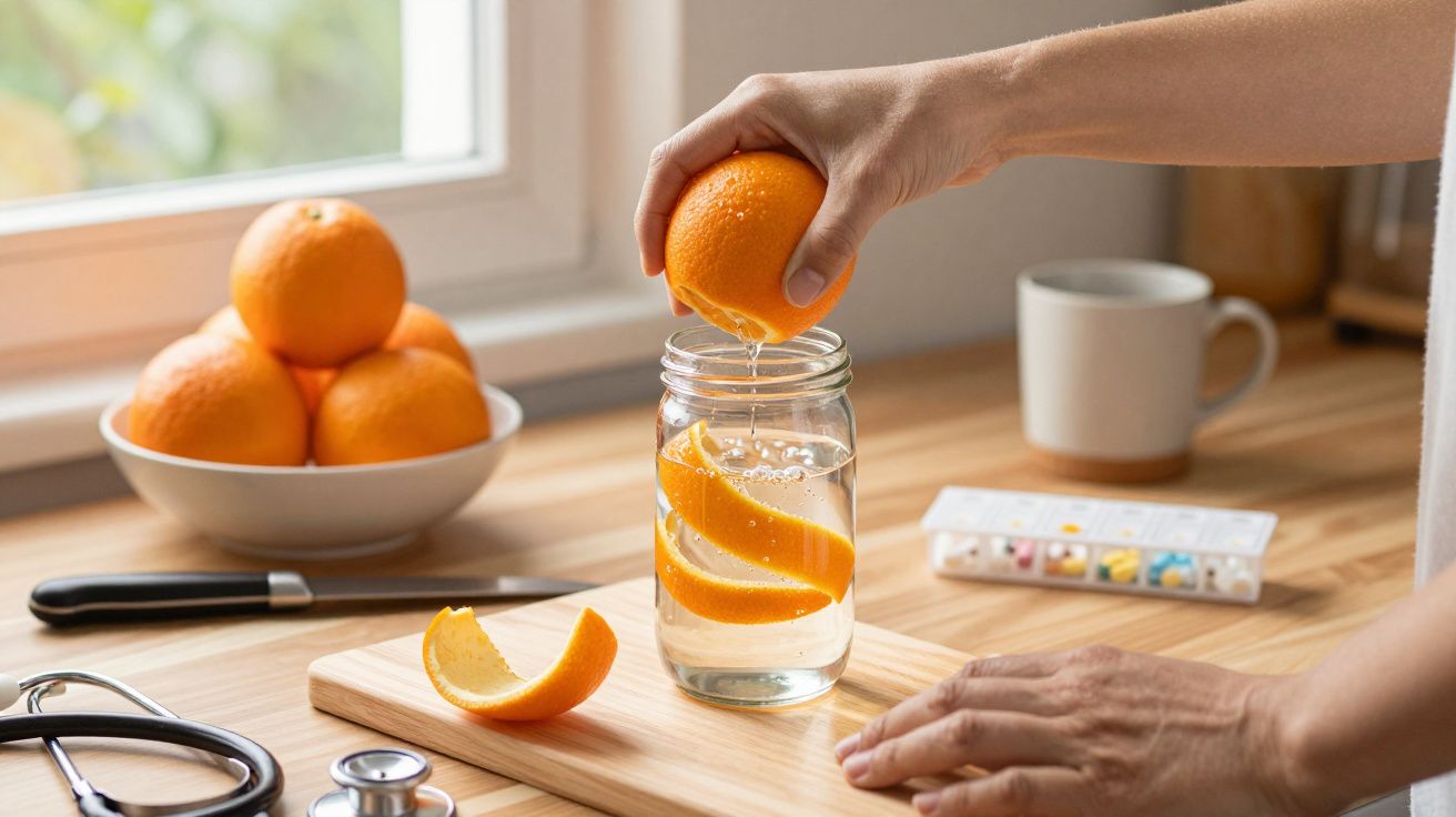Pessoa espreme uma laranja em jarro com fatias na cozinha. Pílulas e laranjas ao fundo.