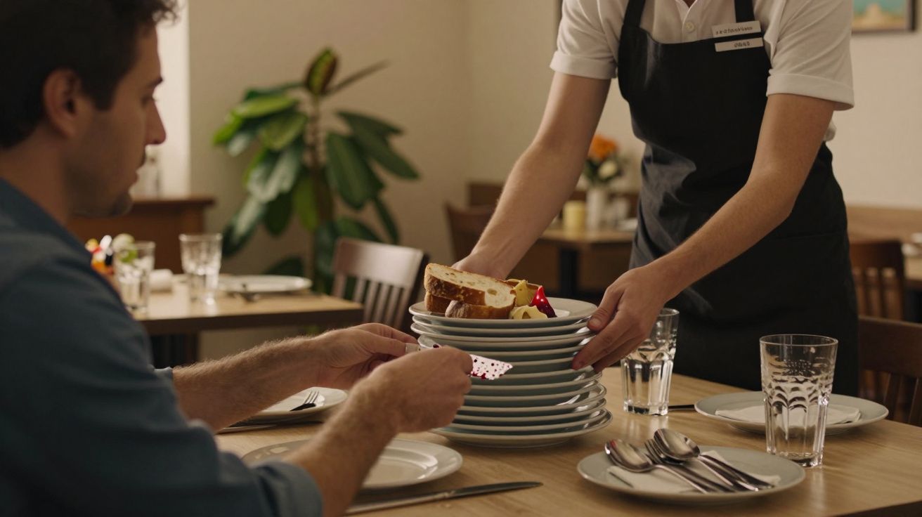 Garçom serve pratos empilhados a cliente sentado à mesa com copos, talheres e pratos, em restaurante acolhedor.