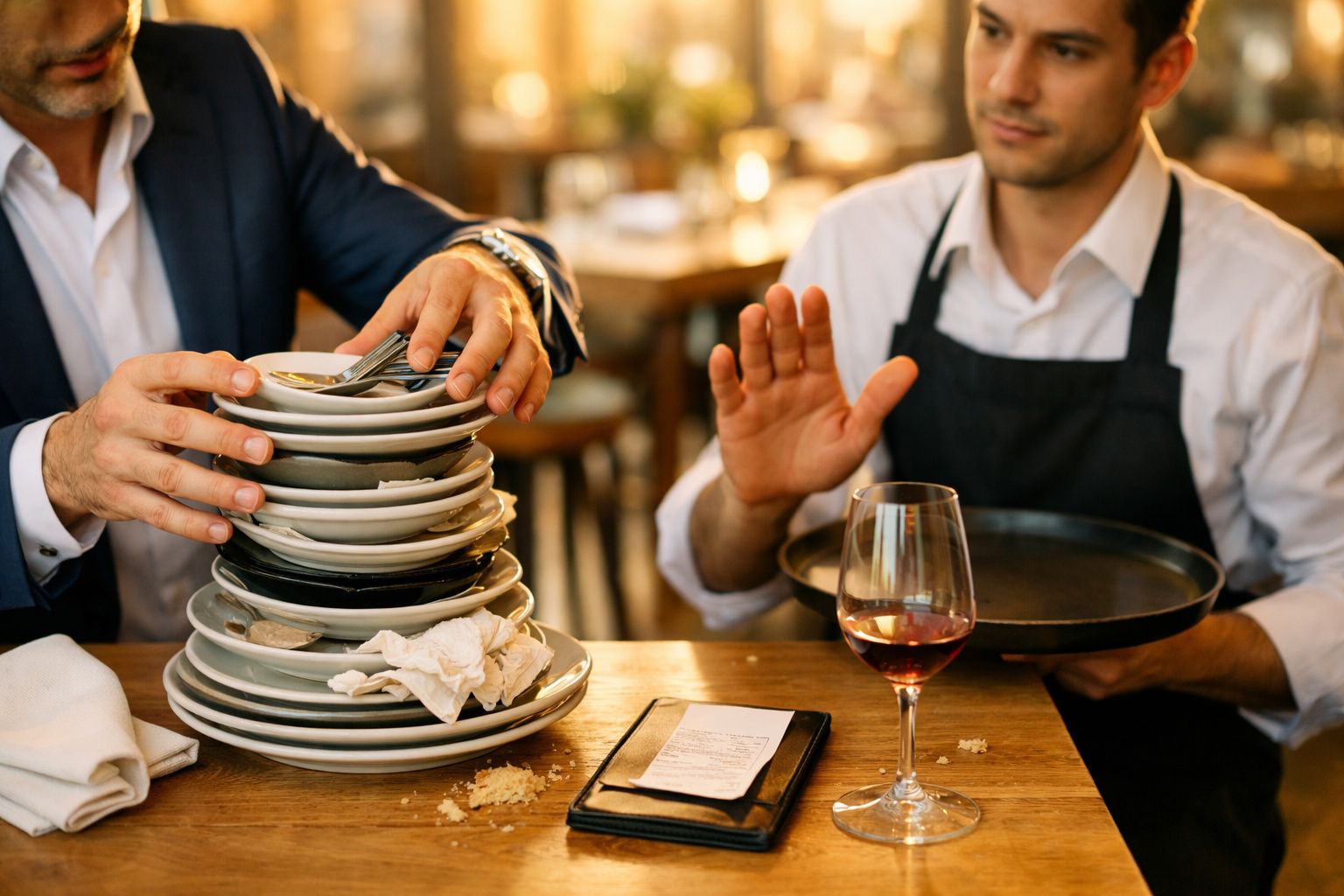 Pessoa a passar pratos numa mesa de madeira ao ar livre, junto a limões e copos.