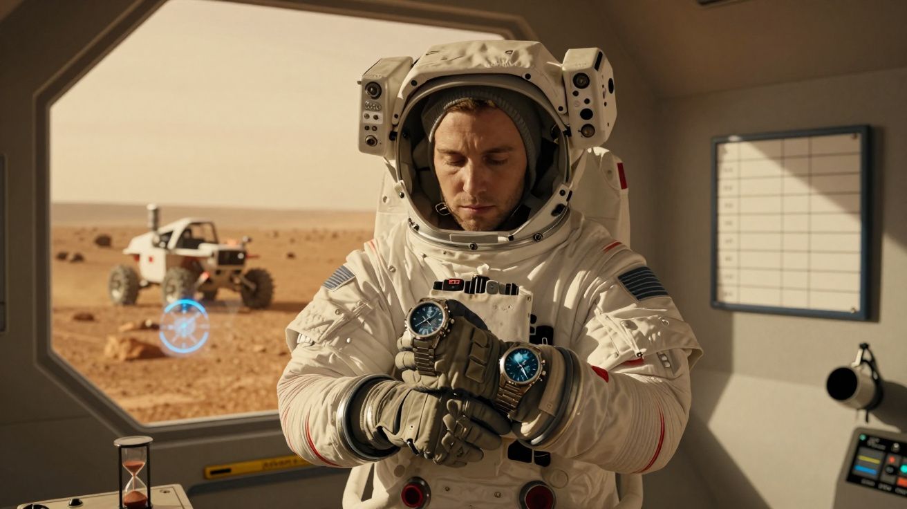 Astronauta no interior de uma nave espacial em Marte, ajustando o relógio no pulso, com veículo e areia visíveis pela janela.