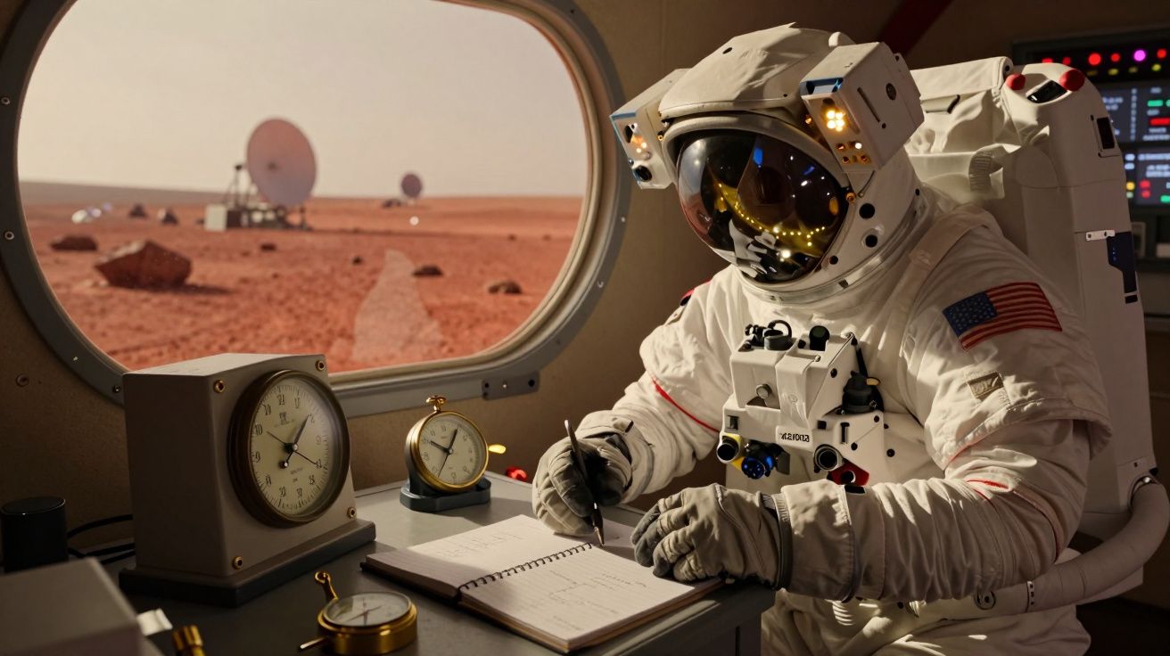 Astronauta num módulo em Marte, escrevendo num caderno, com equipamento científico visível pela janela.