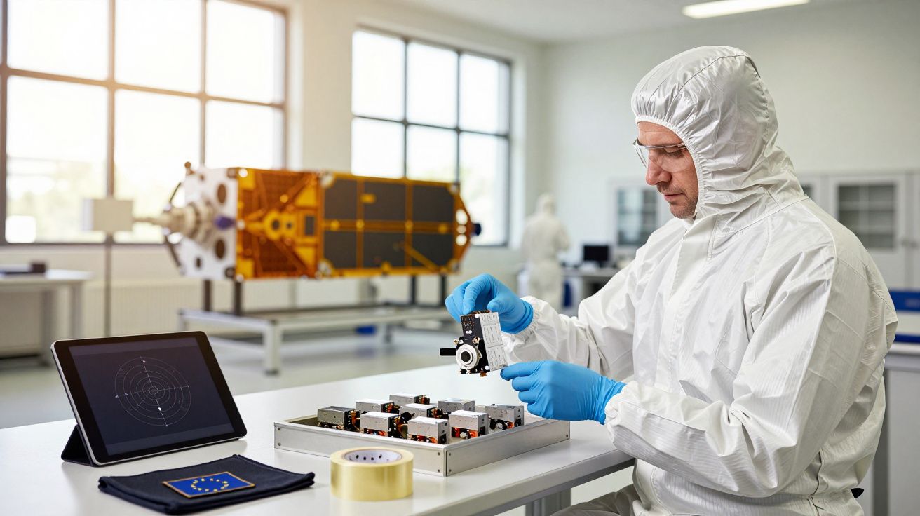 Cientista em fato protetor trabalha com peças eletrónicas em laboratório aeroespacial. Satélite visível ao fundo.