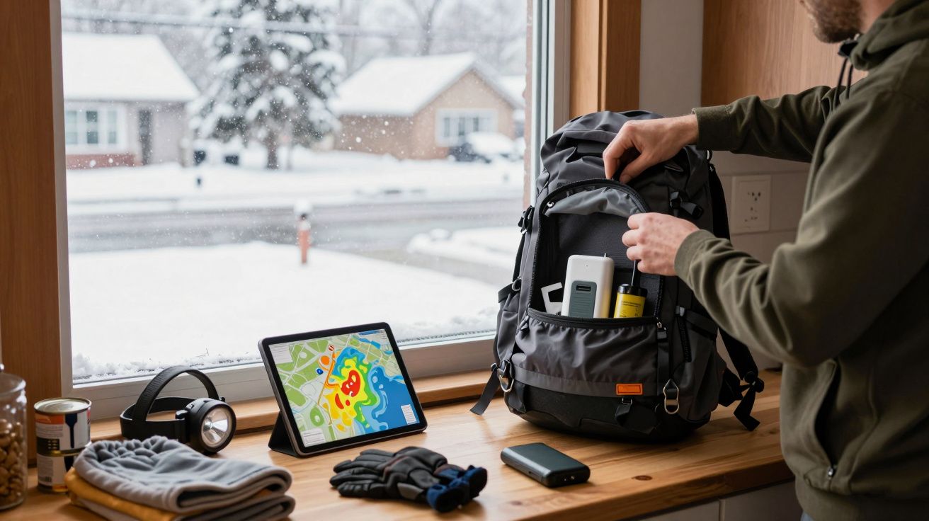 Pessoa prepara mochila junto a janela com neve lá fora; tablet mostra mapa colorido na mesa.
