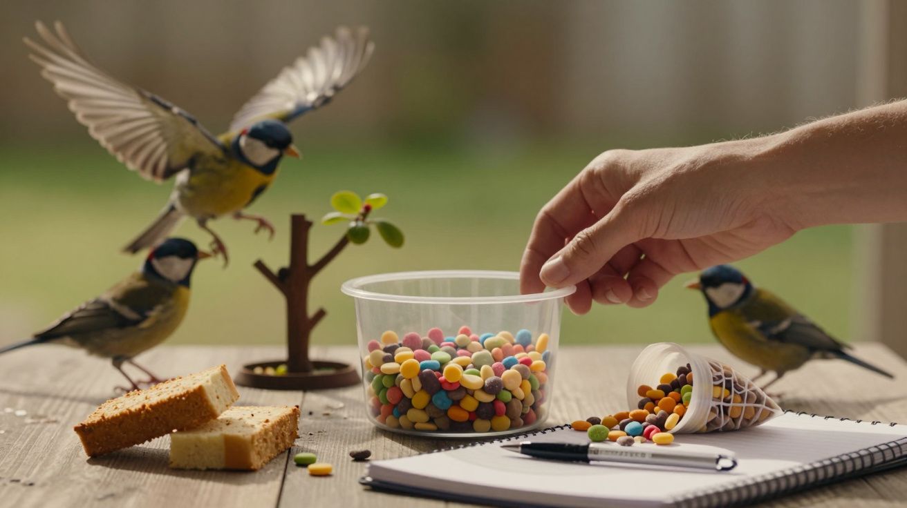 Pássaros junto a uma mesa com um recipiente de doces coloridos, caderno, caneta e pedaços de bolo. Mão em movimento.