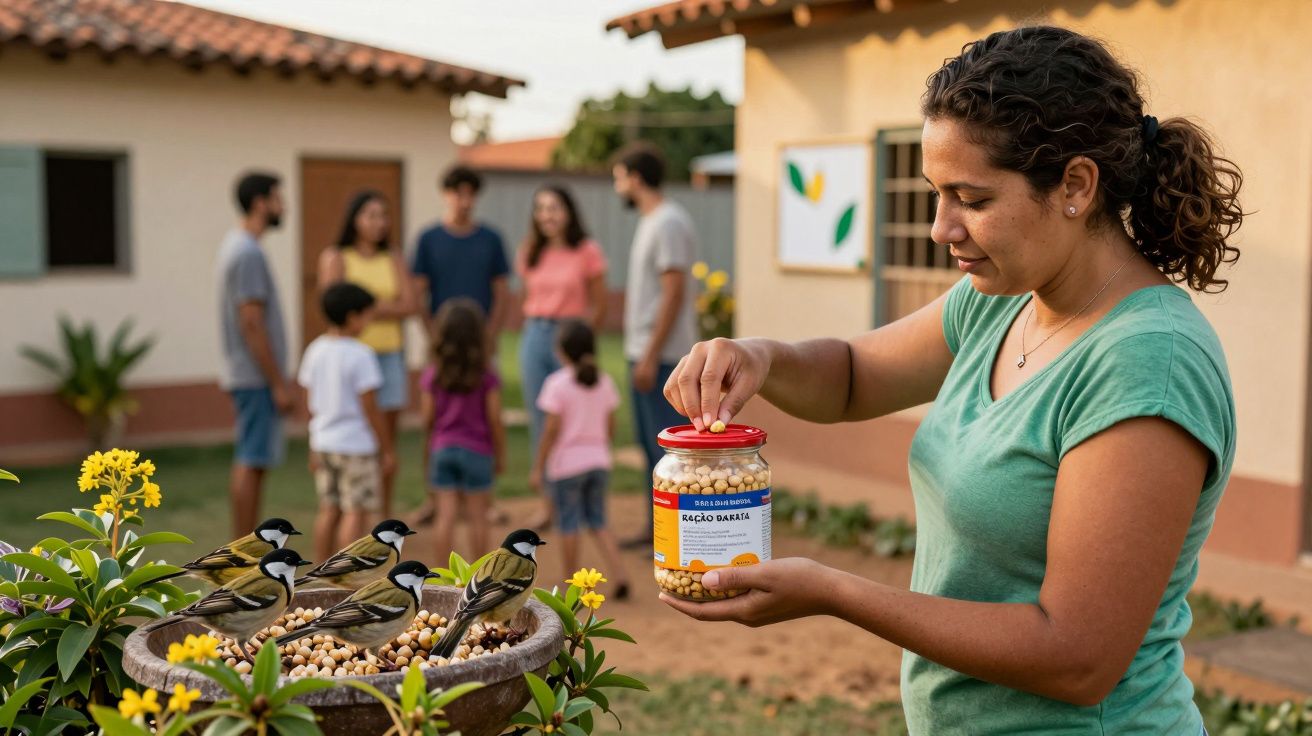 Mulher alimenta pássaros enquanto grupo de pessoas conversa ao fundo num jardim.