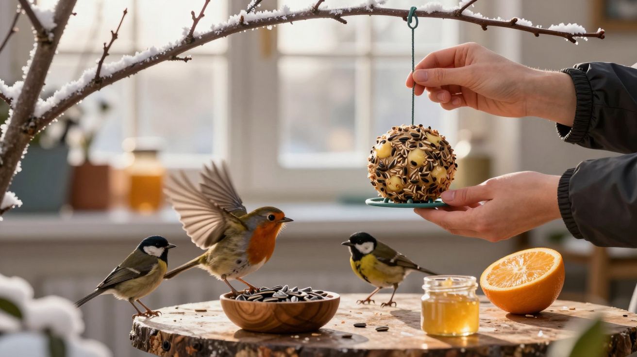 Pássaros em galho, alimentando-se de bola de sementes pendurada por mãos. Há uma laranja e mel na mesa coberta de neve.