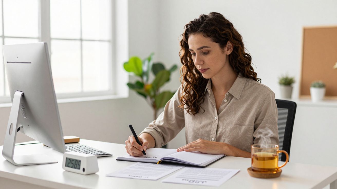 Mulher escrevendo num caderno, sentada à secretária com computador, chá e documentos ao lado.