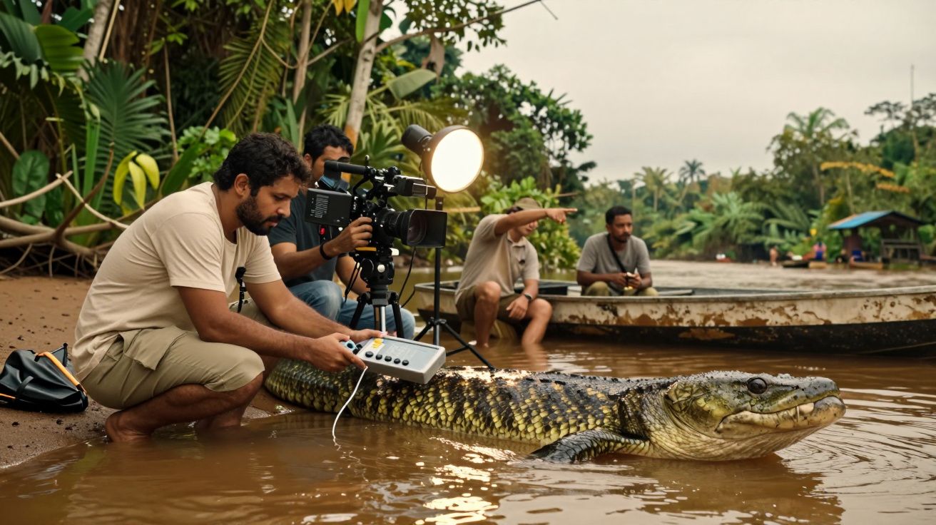 Equipe filma crocodilo em rio, com equipamento de iluminação e câmaras, rodeada por vegetação e barcos ao fundo.
