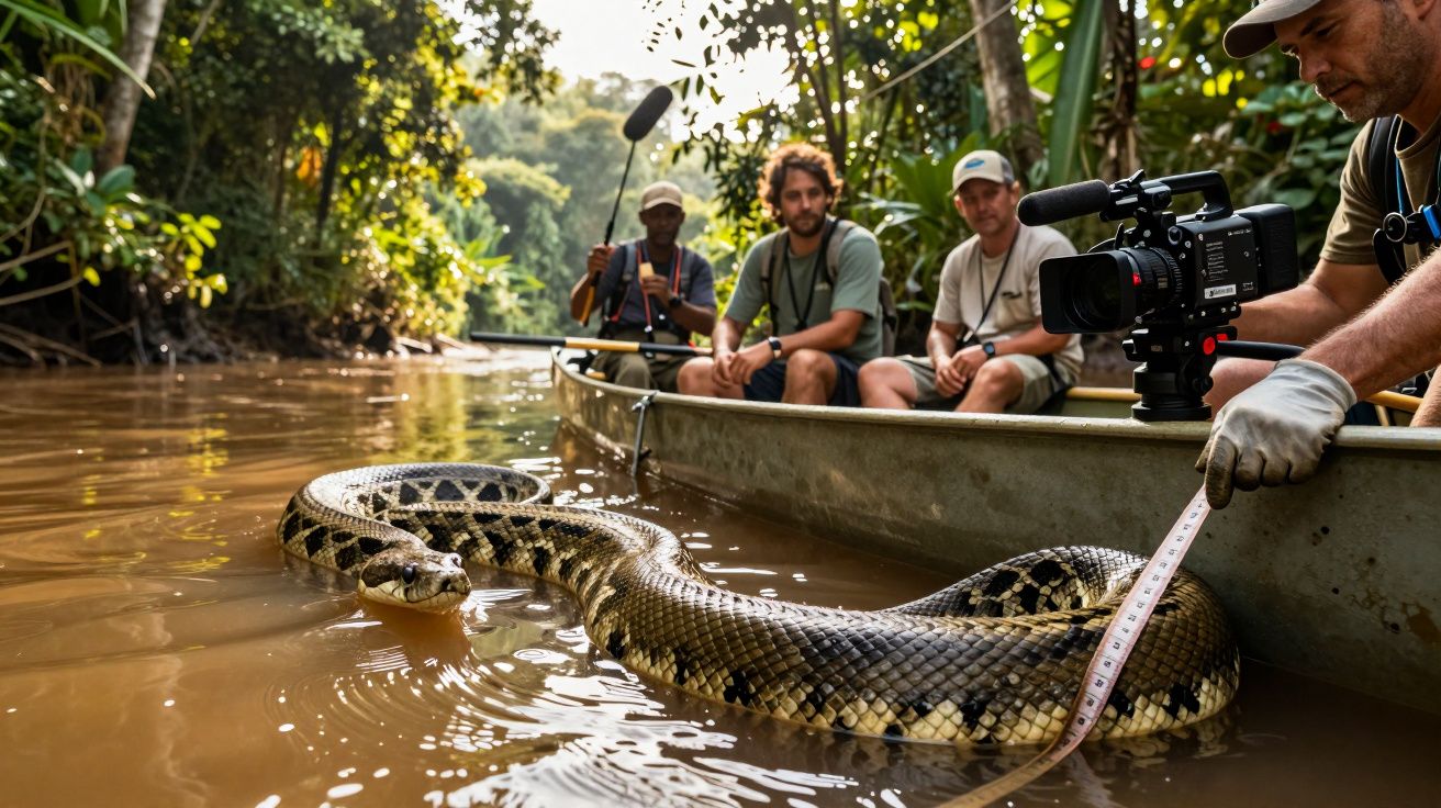 Homens num barco medindo uma anaconda na água, rodeados por vegetação densa.