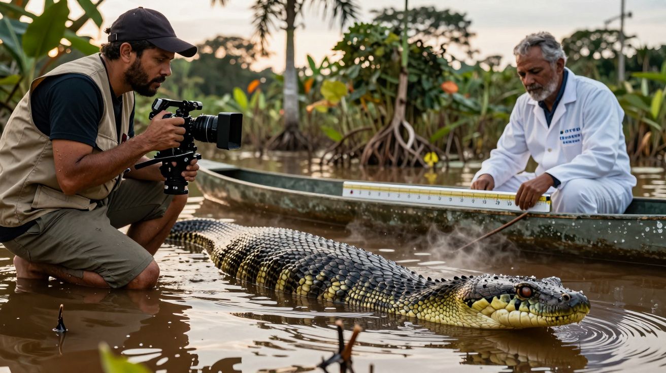 Fotógrafo e cientista medem anaconda em rio, rodeados por vegetação tropical.