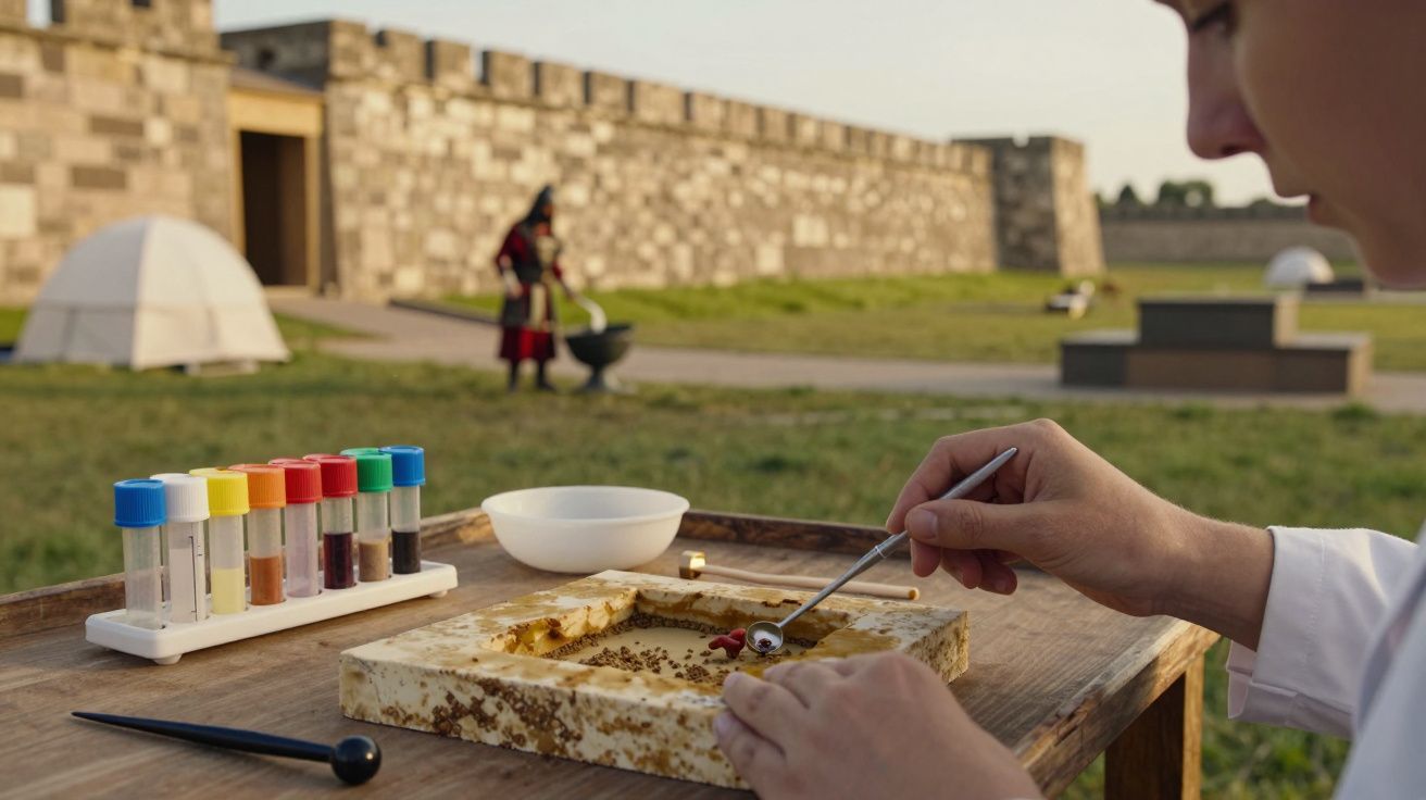 Pessoa analisando objetos em pedra com tubos de ensaio ao ar livre, cenário de castelo ao fundo.