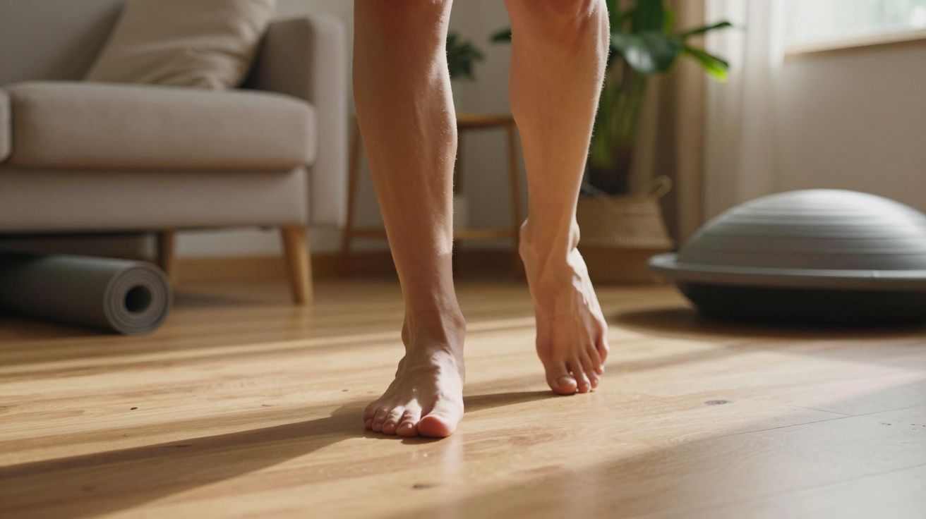 Pés descalços caminhando num chão de madeira, com um sofá, planta e equipamento de exercício ao fundo.
