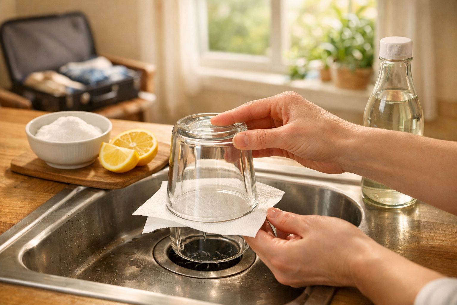 Mão segurando copo de vidro sobre a pia com um limão cortado ao fundo.