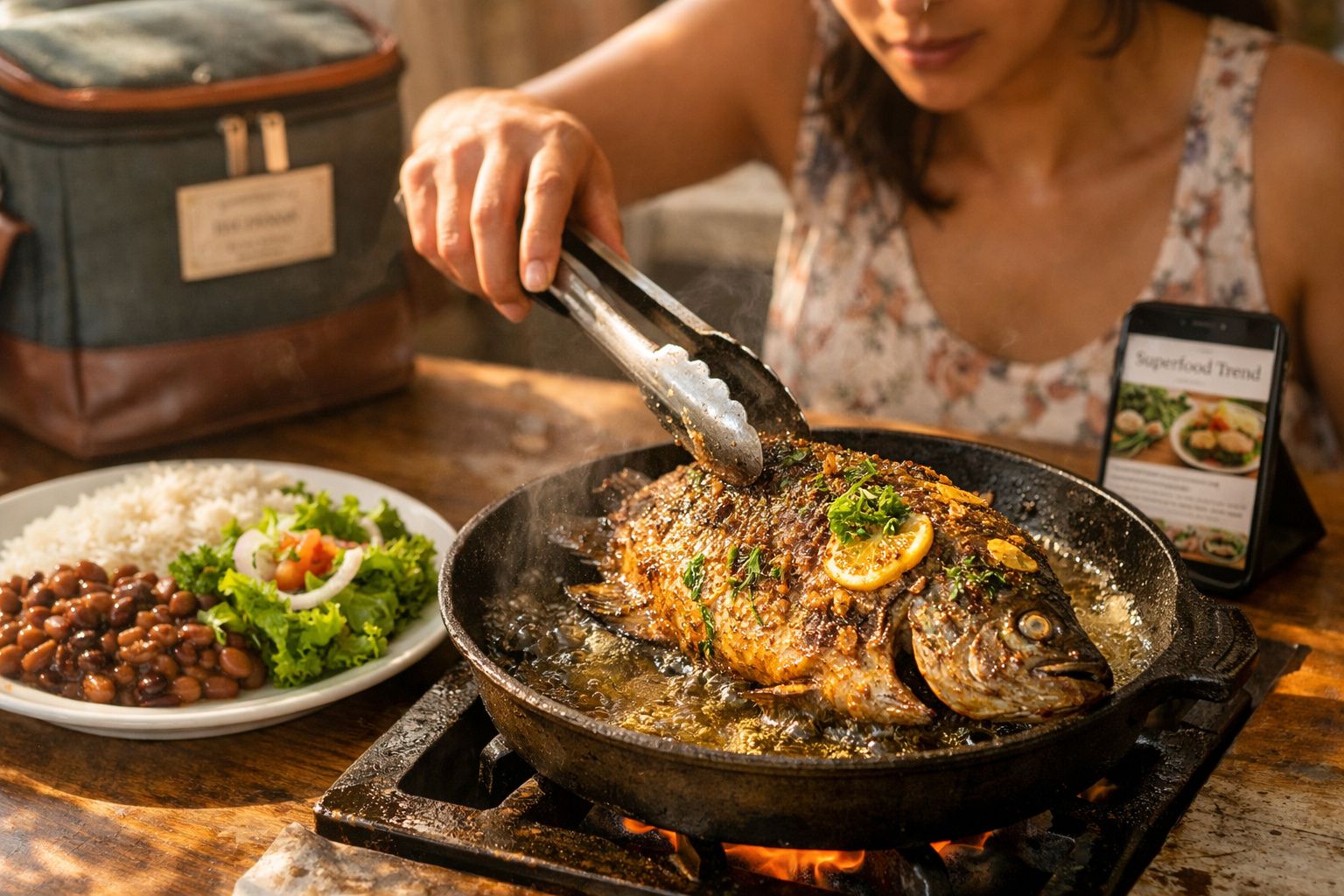 Mulher idosa prepara peixe num mercado ao ar livre com frutas ao fundo.