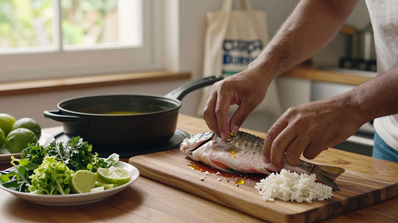 Pessoa prepara peixe fresco numa tábua com arroz e limão ao lado, numa cozinha iluminada.