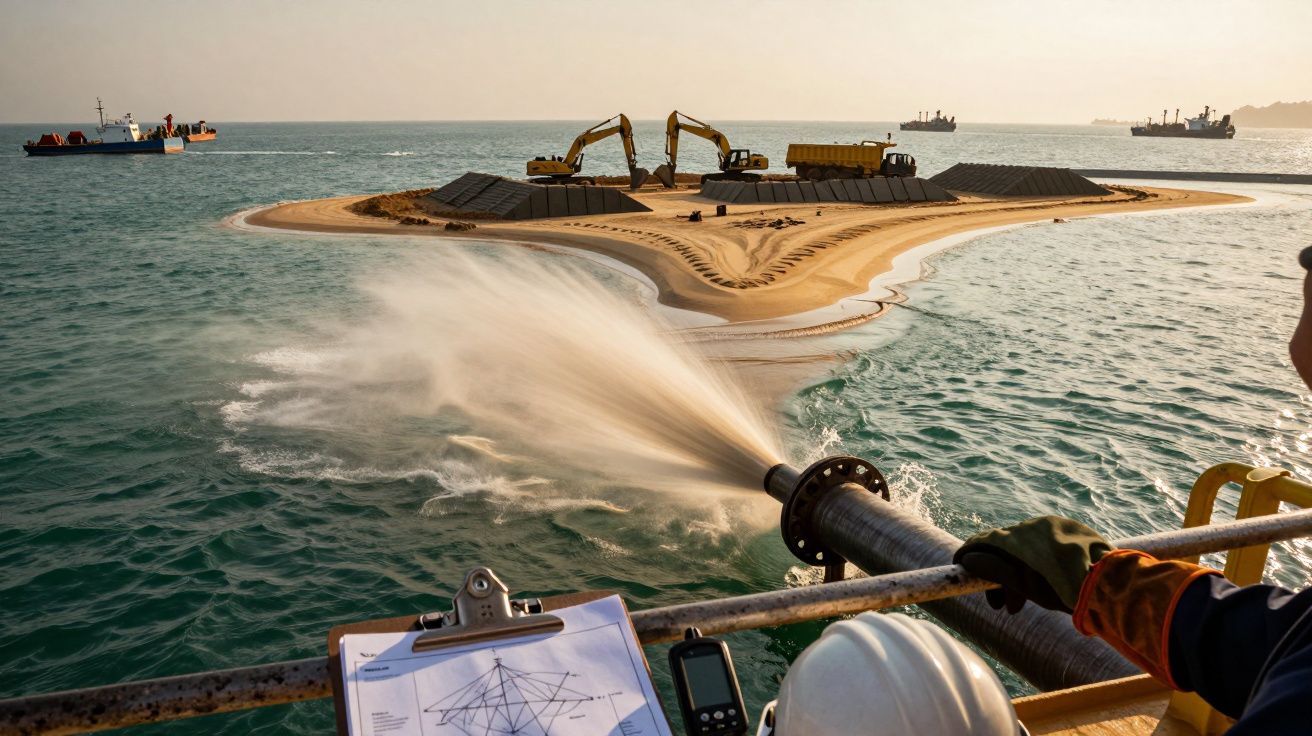 Obras de construção numa ilha artificial com escavadoras, vista de uma plataforma com planos técnicos.