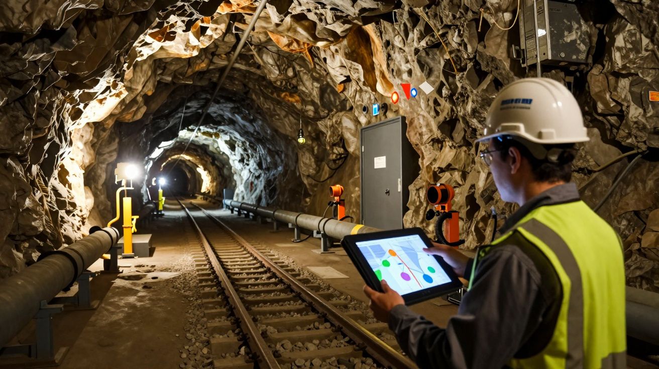 Pessoa com capacete e colete refletor usa tablet numa mina subterrânea com trilho e iluminação artificial.