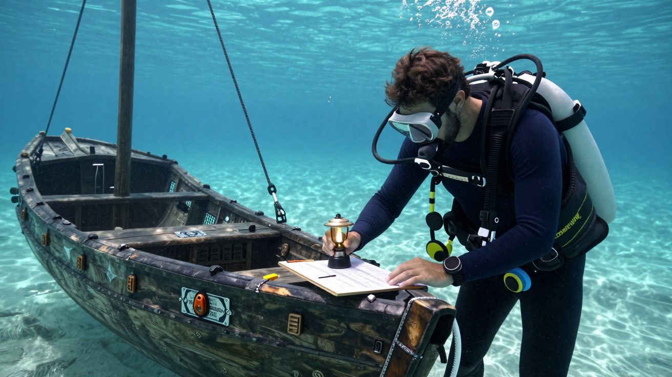 Mergulhador de fato a trabalhar ao lado de um pequeno barco submerso em águas claras, segurando um objeto circular.