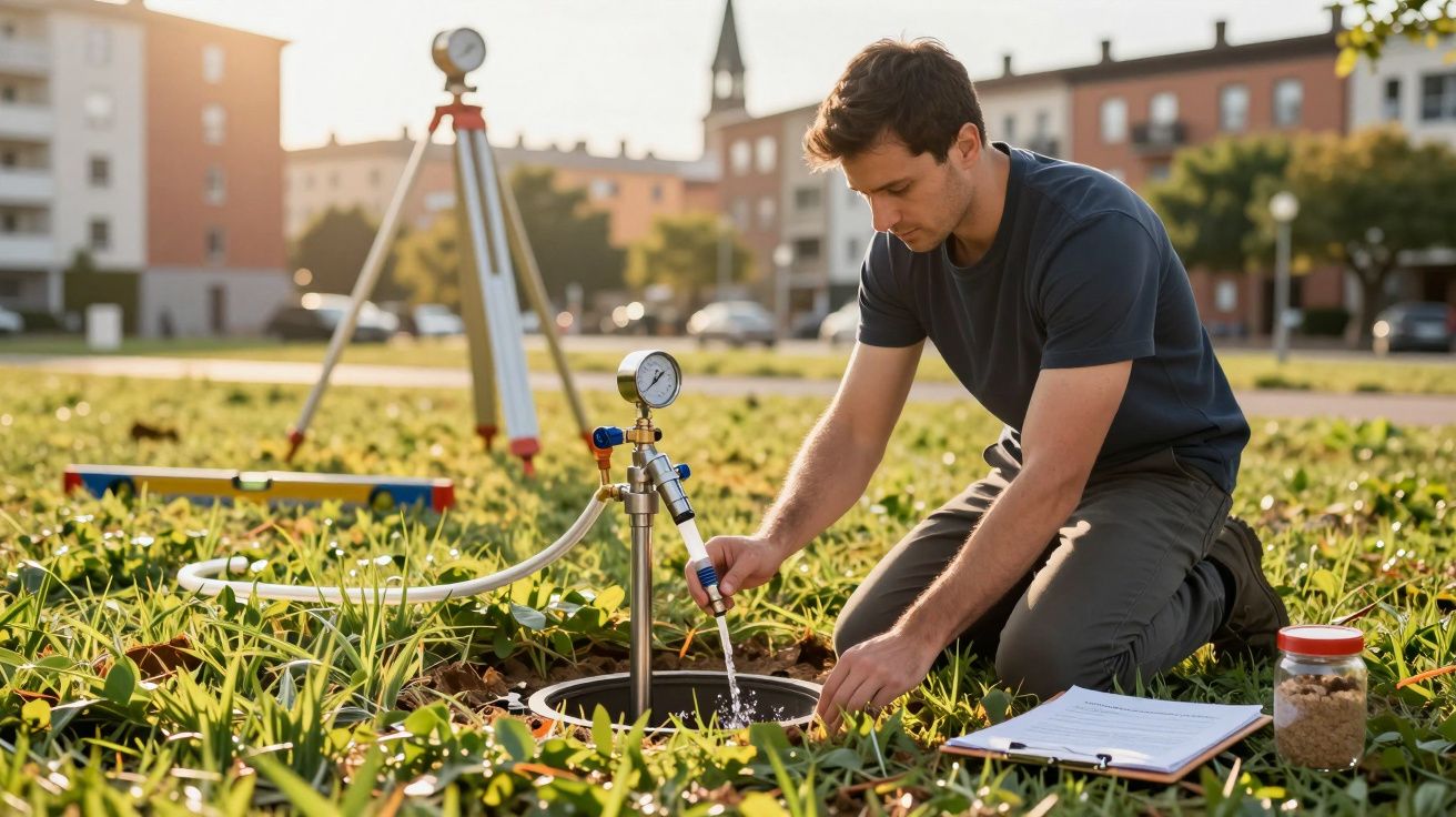 Homem a medir a pressão de água no solo num campo, com equipamento de medição ao ar livre e prédios ao fundo.