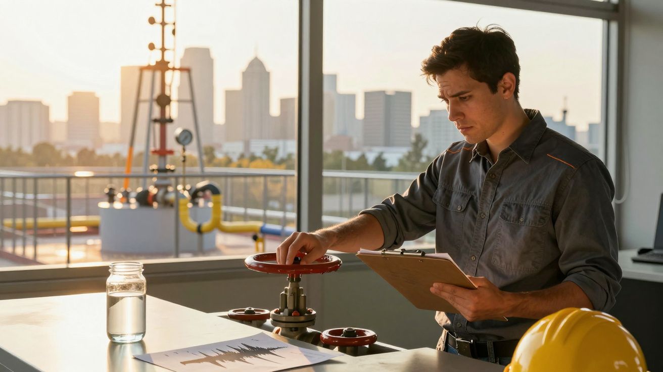 Homem ajusta válvula num laboratório com vista para a cidade ao entardecer, segurando prancheta. Capacete amarelo na mesa.